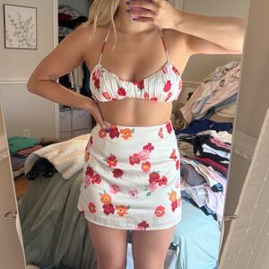 Princess Polly White Floral Two-Piece Skirt Set with Pink & Red Flowers